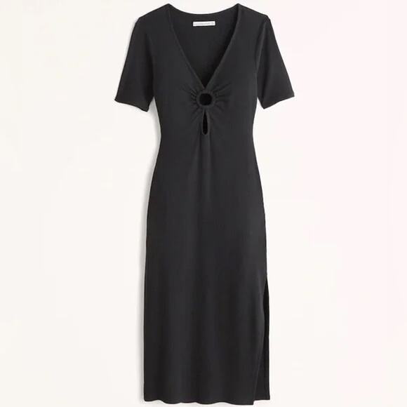 Abercrombie & Fitch O-Ring Ribbed Short Sleeve Midi Dress Black M Academia LBD - Picture 1 of 12